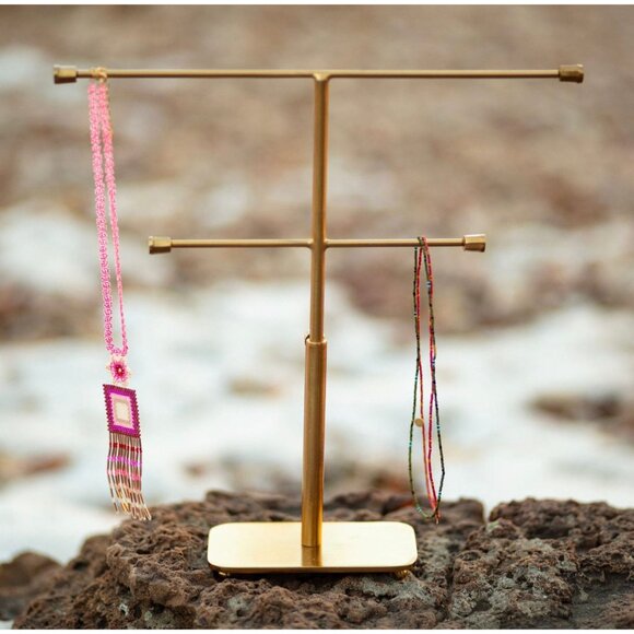 Gold Metal 2-Tier Adjustable T-Bar Jewelry Display Stand, Necklace Organizer - Picture 3 of 5